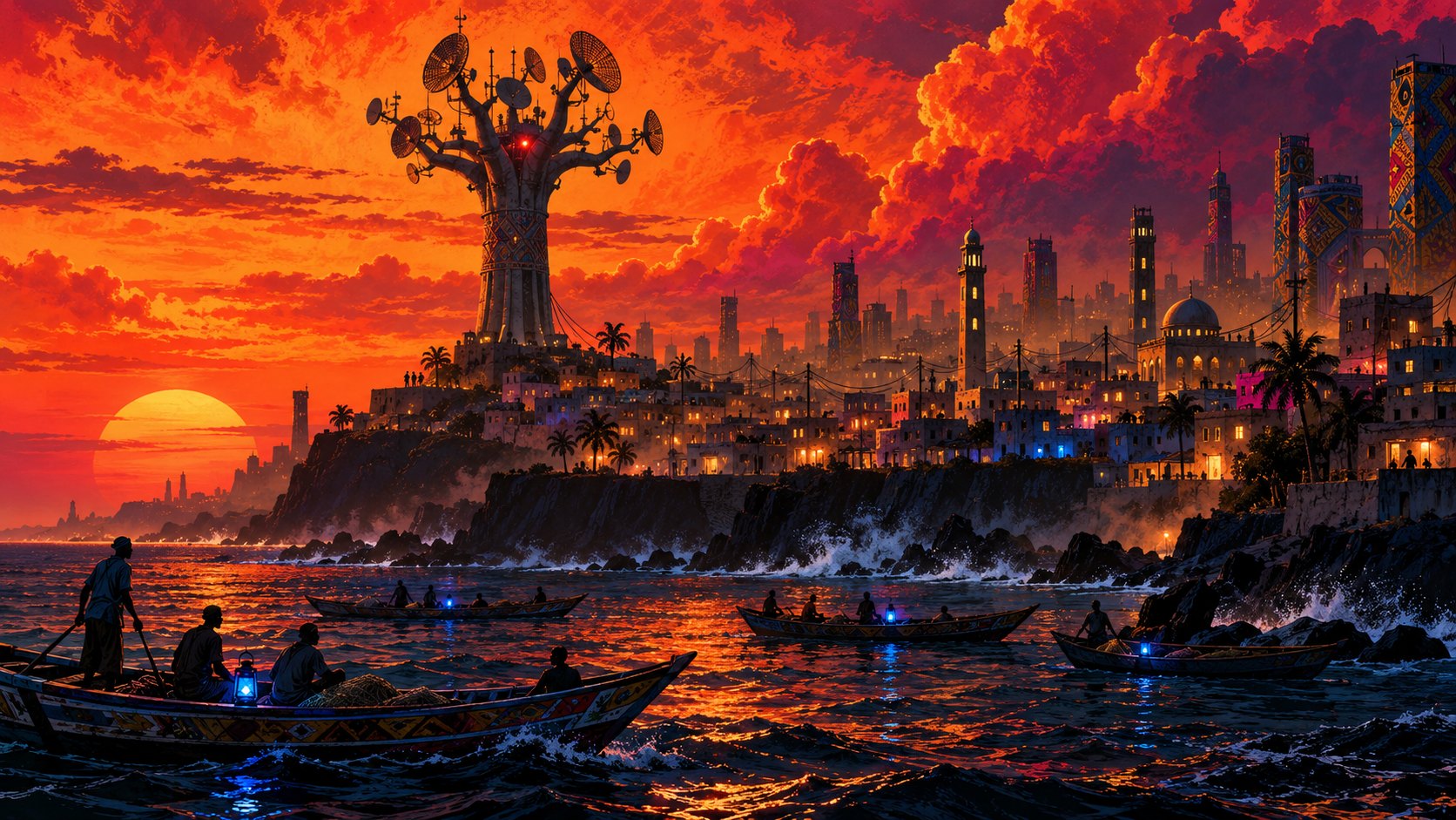A baobab-shaped broadcast tower on the Dakar coast at dusk, pirogues on the water