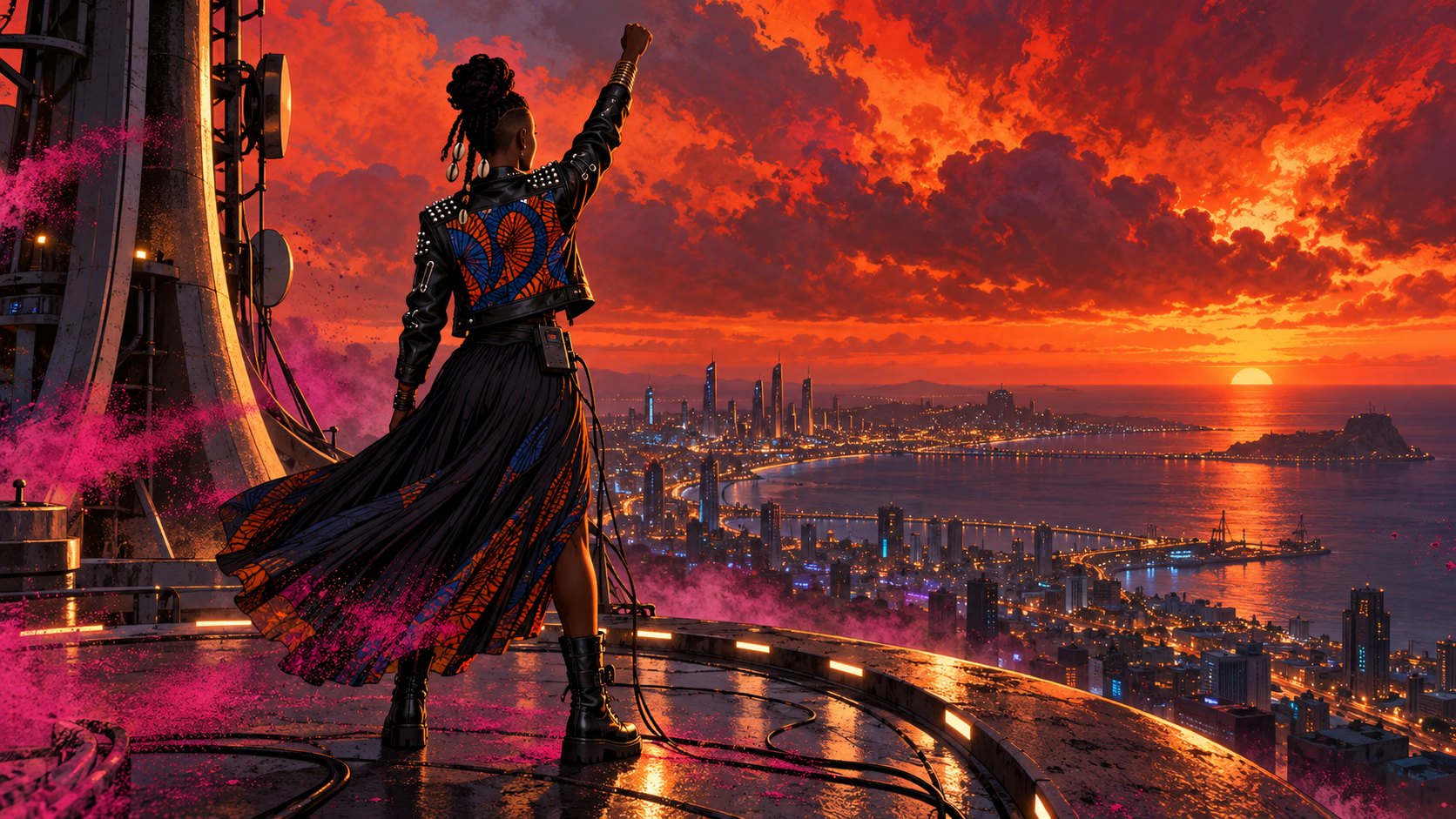 A woman seen from behind on the tower, fist raised over the city