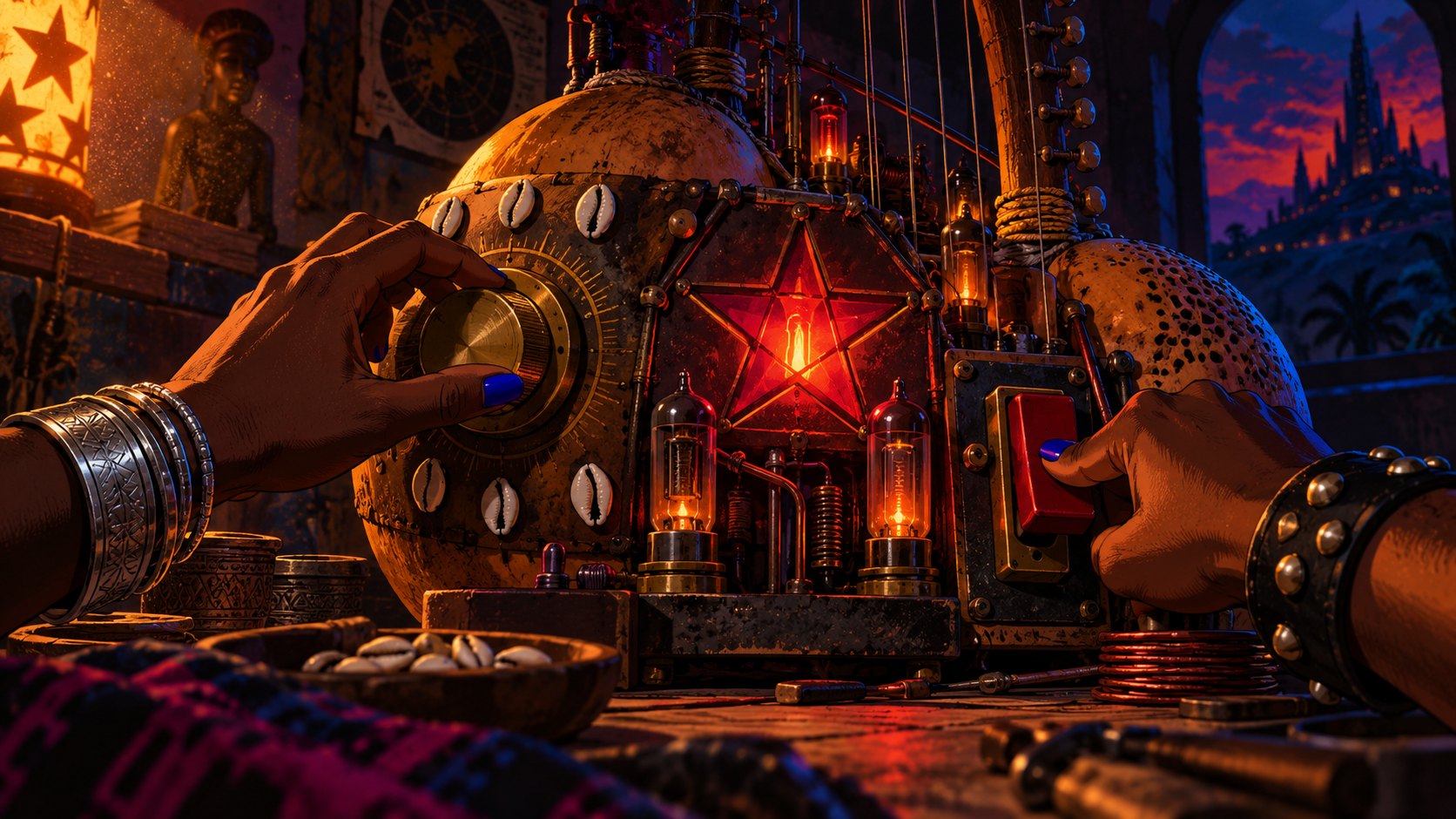 Two hands switching on a transmitter built from a calabash and a kora