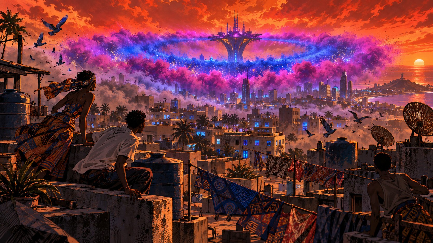 A ring of pink and blue powder spreading over the rooftops
