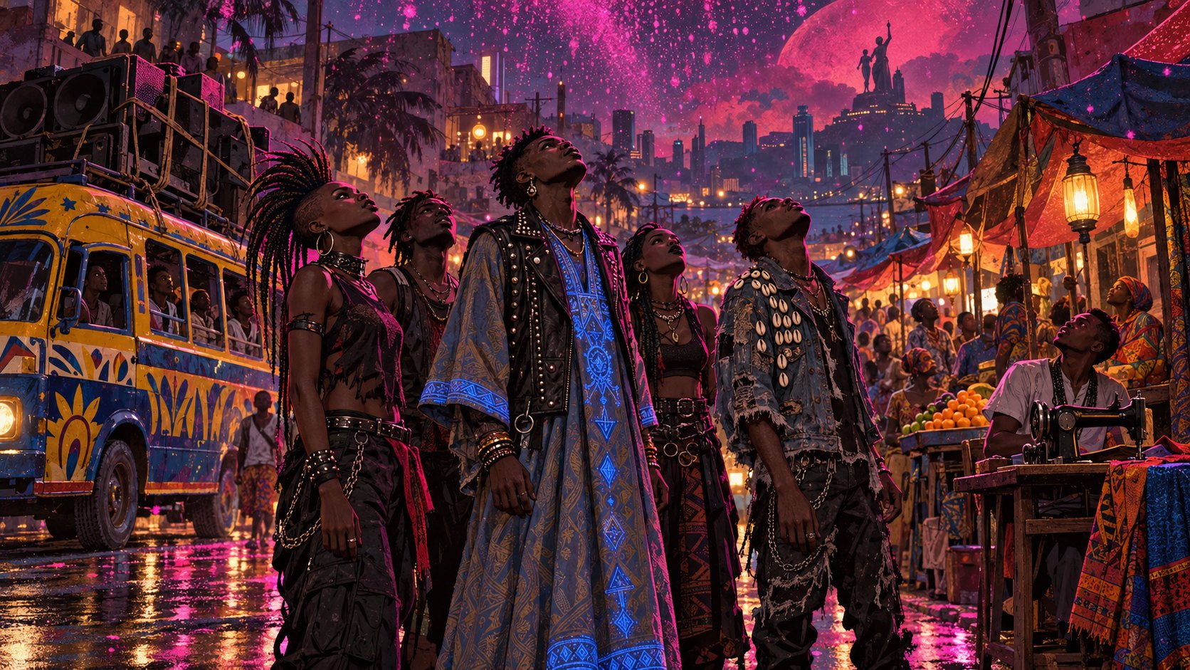 Five young punks in a Dakar night market looking up at the sky